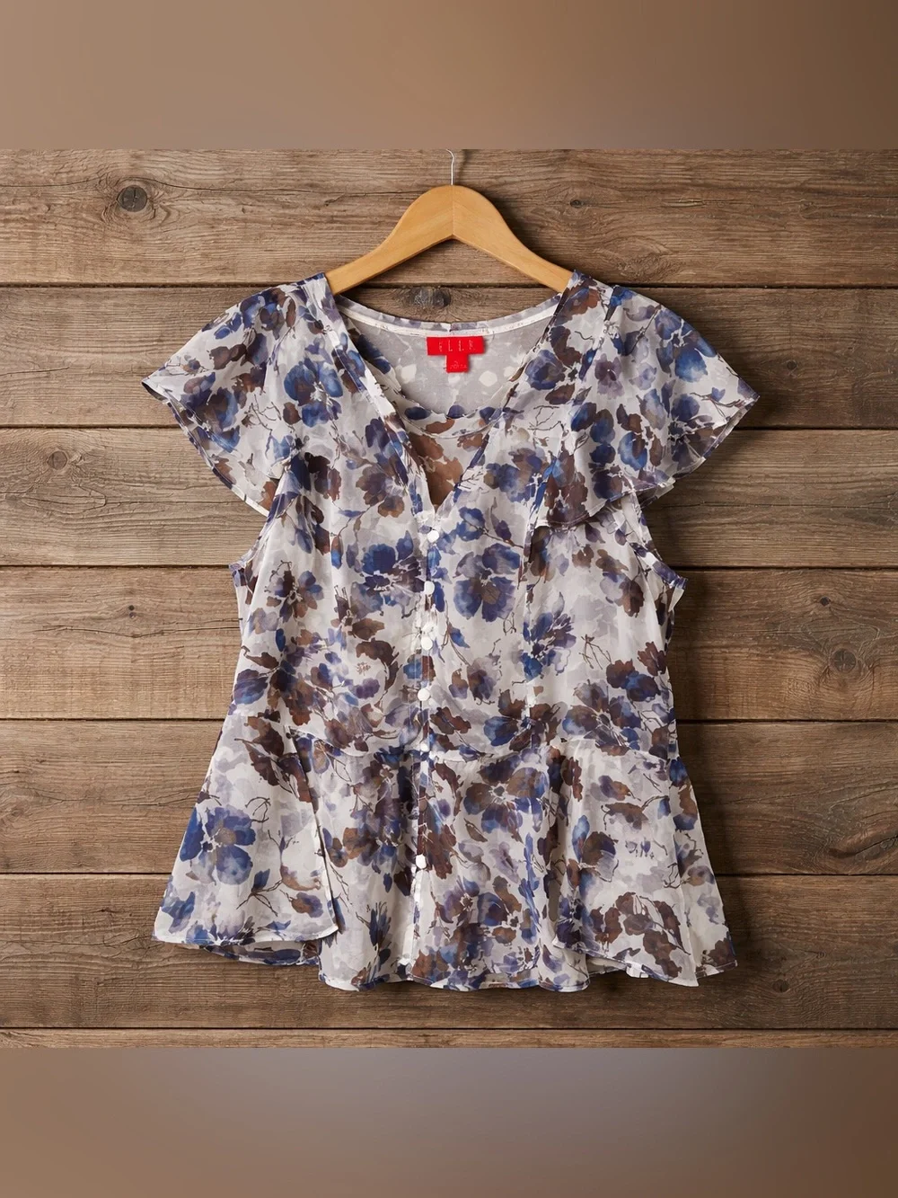 Elle Floral Print Large Polyester Capped Sleeve Button Blouse